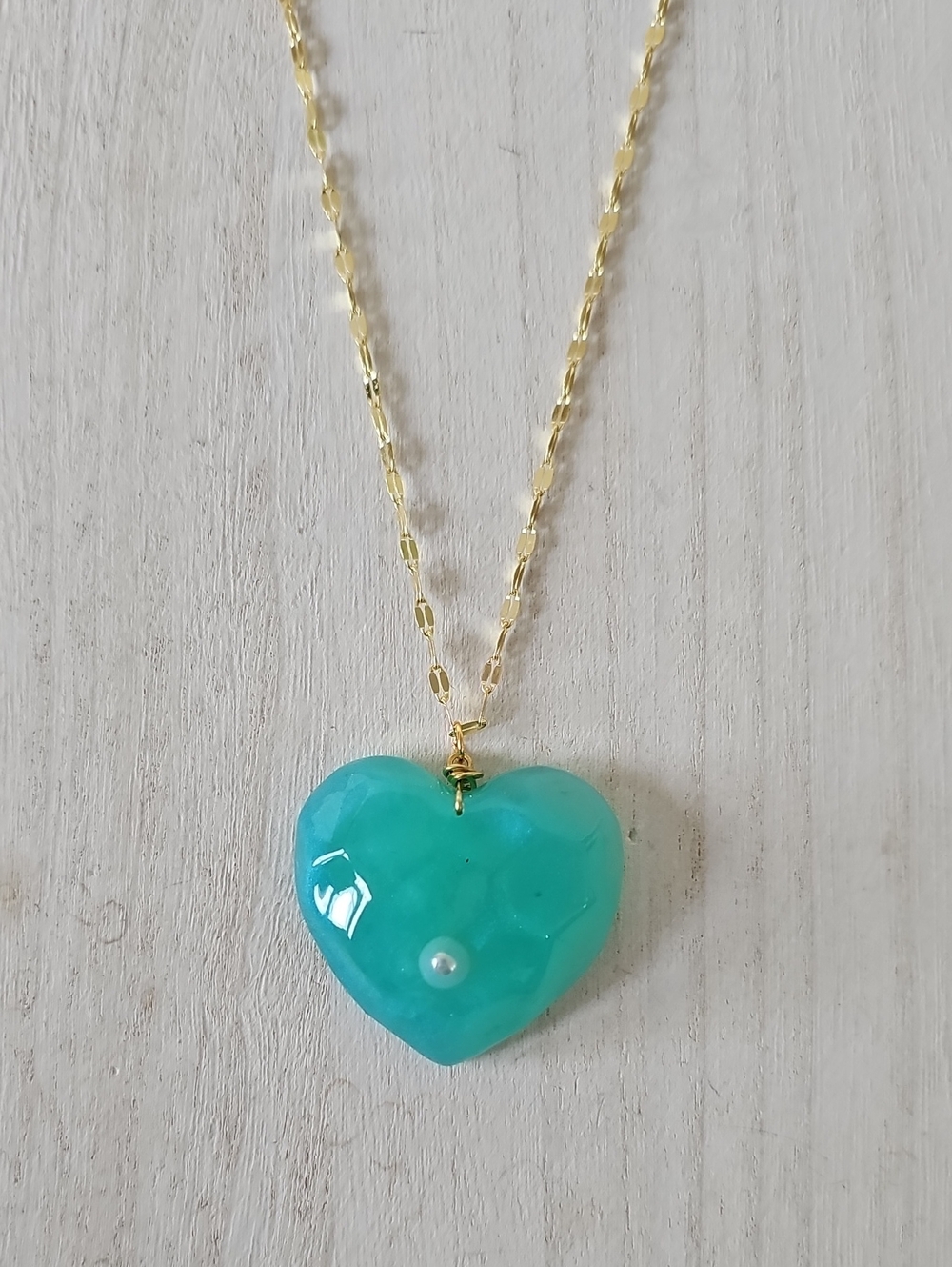 Gold Chain Necklace with Teal Heart Pendant